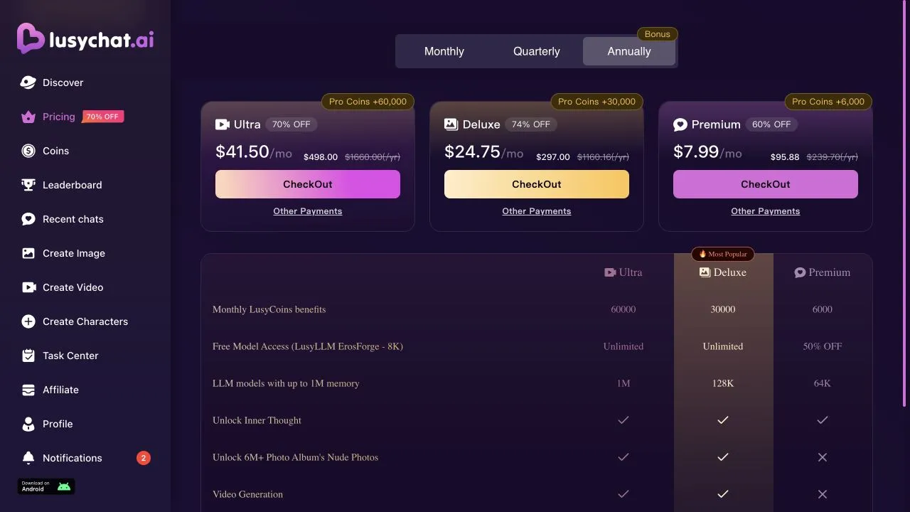 LusyChat pricing with Annually selected and annual totals beside monthly-equivalent prices