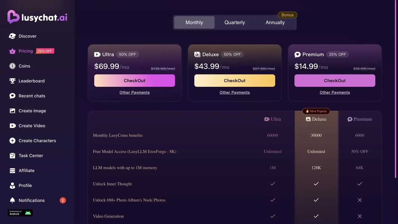LusyChat pricing with Monthly selected and the three subscription prices visible
