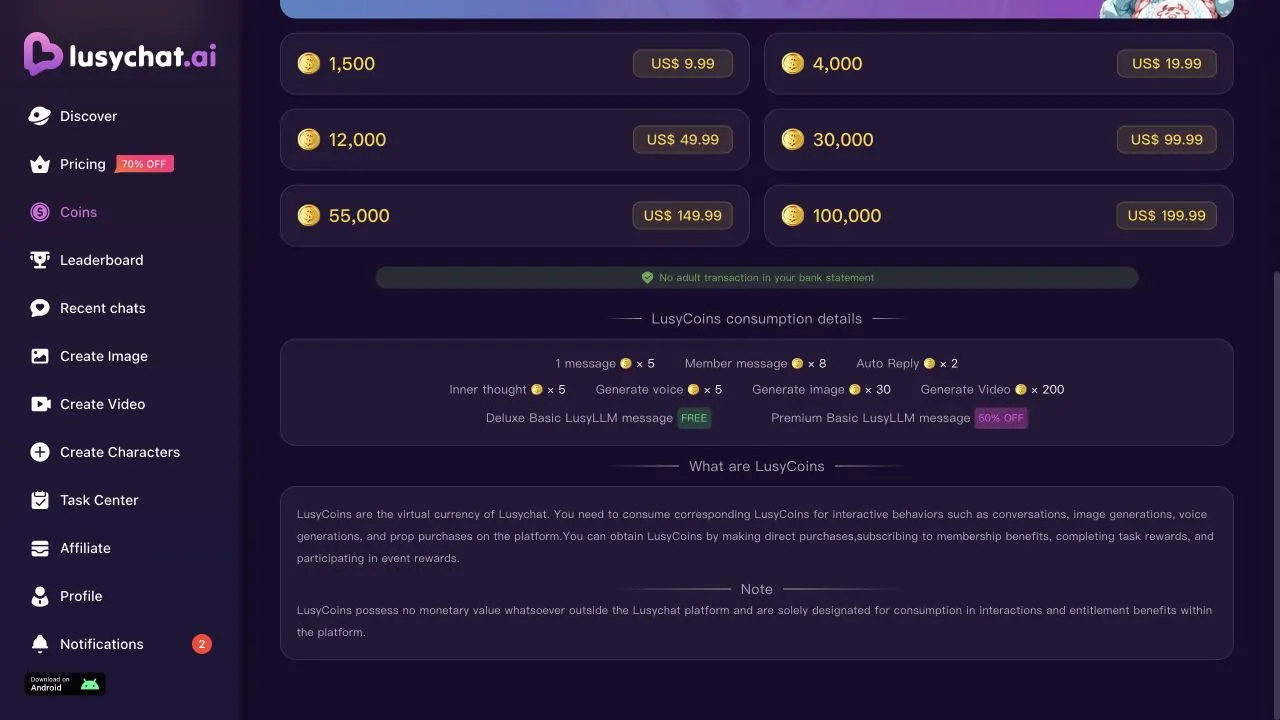 Coins page listing action costs and separate Pro Coin packs