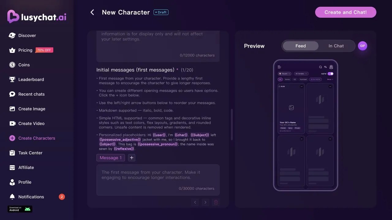 Character editor showing multiple opening-message support, formatting guidance and the feed preview