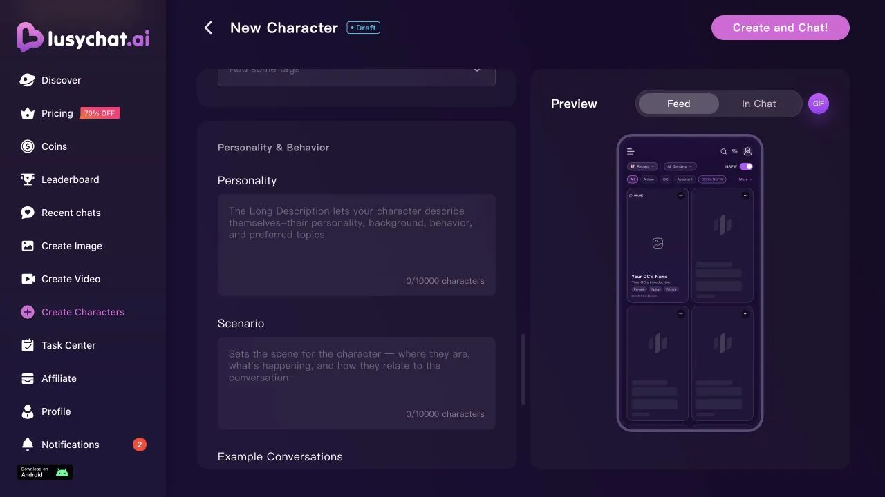 Character creation form with separate Personality and Scenario fields and an Example Conversations section