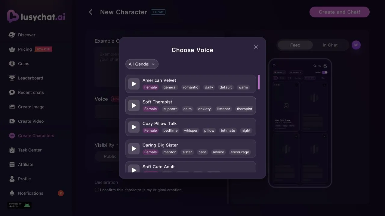 Voice chooser showing named voices, descriptive tags and preview buttons