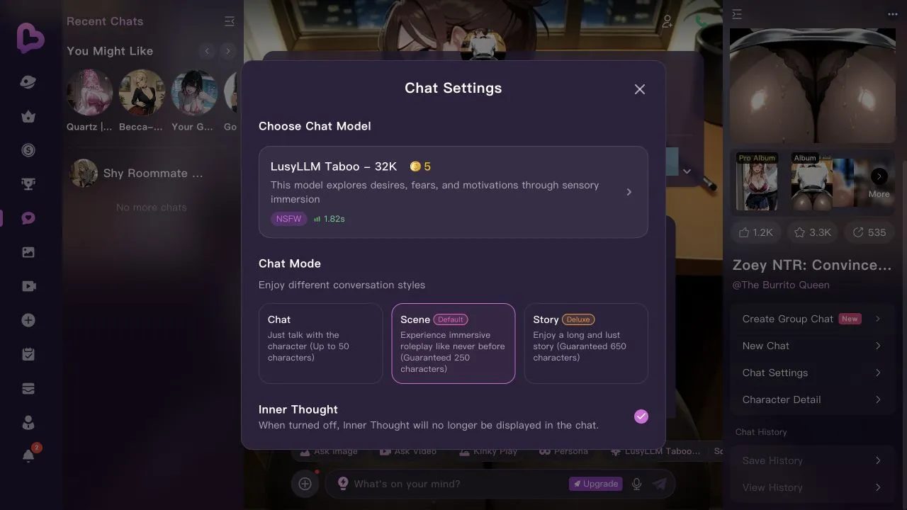 Chat Settings showing the NSFW LusyLLM Taboo model at five coins, Scene selected and a Deluxe label on Story