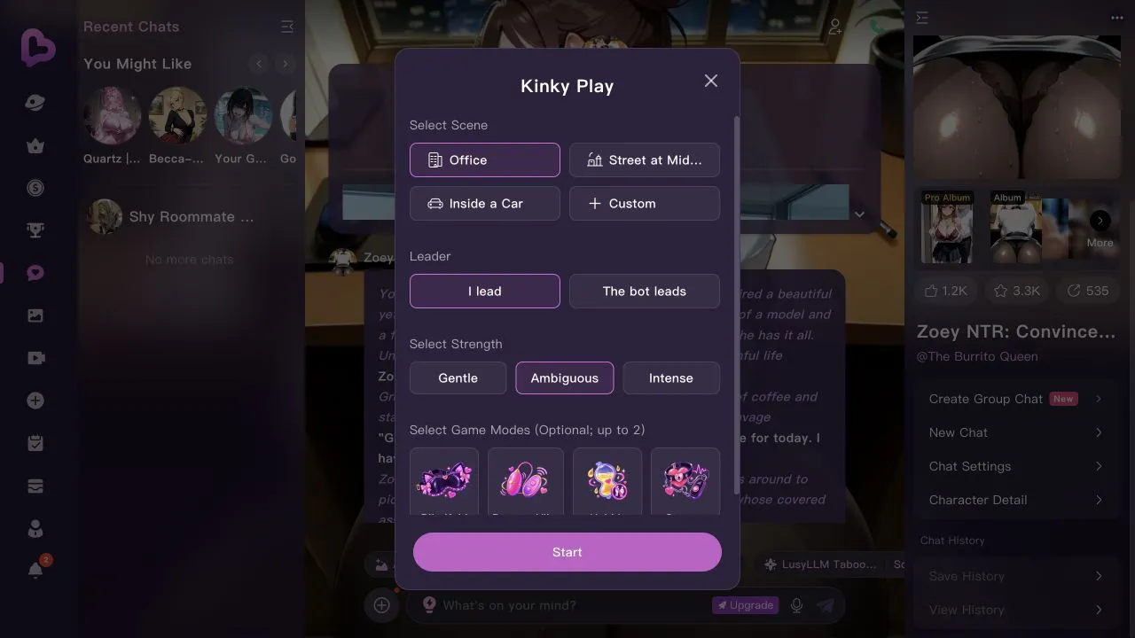LusyChat Kinky Play panel with scene, leadership, intensity and optional game-mode controls