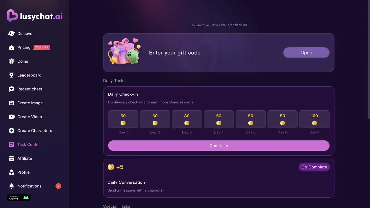 Task Center displaying seven daily check-in rewards and a daily conversation task