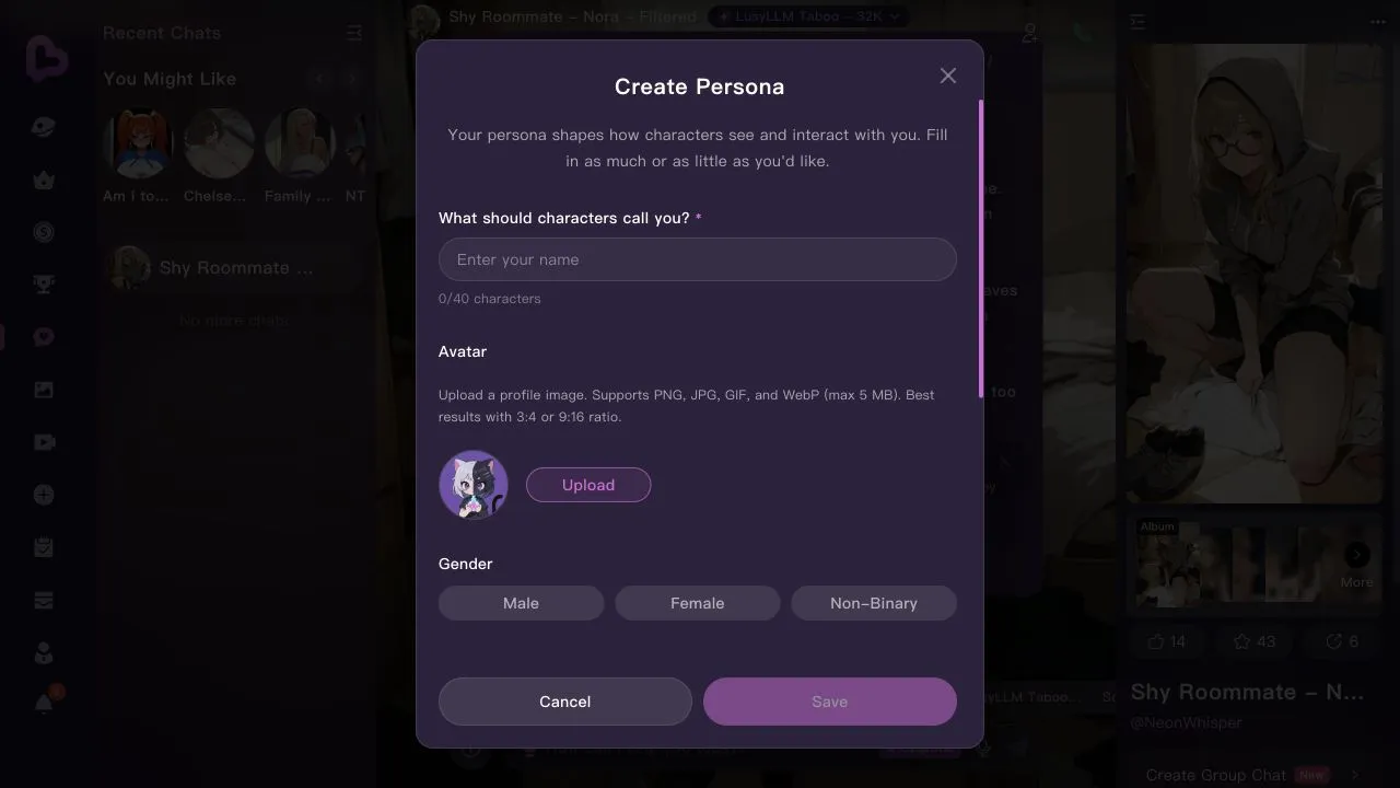 Create Persona form showing name, avatar and gender fields