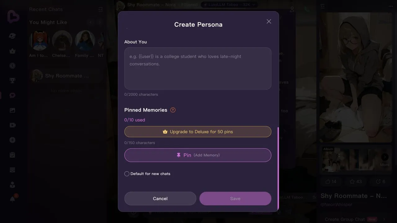 Persona controls with ten pinned memories and an upgrade offer for 50 on Deluxe